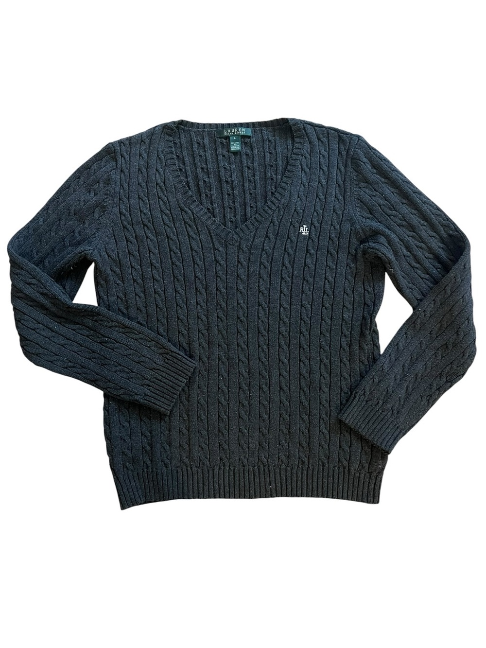 Lauren Ralph Lauren Grey Cotton Cable Knit V-Neck Sweater L Preppy Old Money